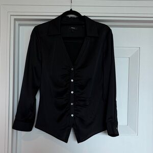 Theory Black Ruched Button-Front Blouse